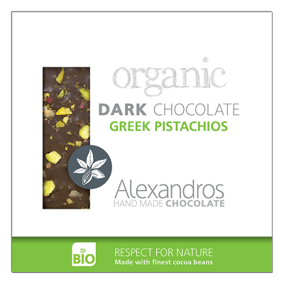 ALEXANDROS, DARK CHOCOLATE WITH GREEK PISTACHIOS 90G BIO