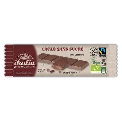 SAVEURS, IKALIA DARK CHOCOLATE 100% COCOA, NO SUGAR 30G BIO